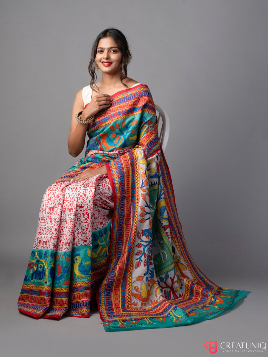 Sky Blue-Orange Kantha Batik Saree in Pure Silk