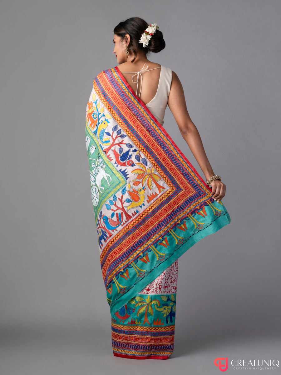 Sky Blue-Orange Kantha Batik Saree in Pure Silk