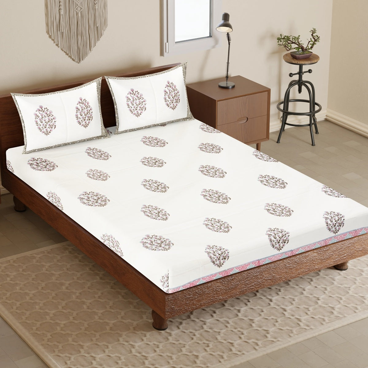 Sky Blue Blossom Hand Block Printed Cotton Bedsheet