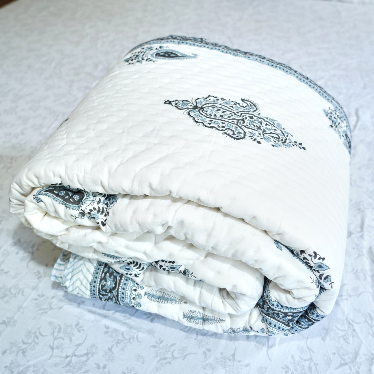 Suttle Blue Floral Reversible Hand Block Printed Cotton Quilt