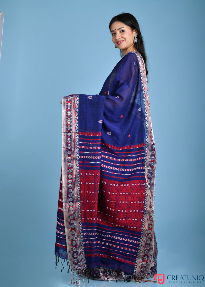 Traditional Assam Kadi Saree with Red Design Accents - Blue