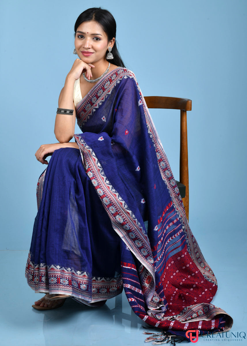 Traditional Assam Kadi Saree with Red Design Accents - Blue