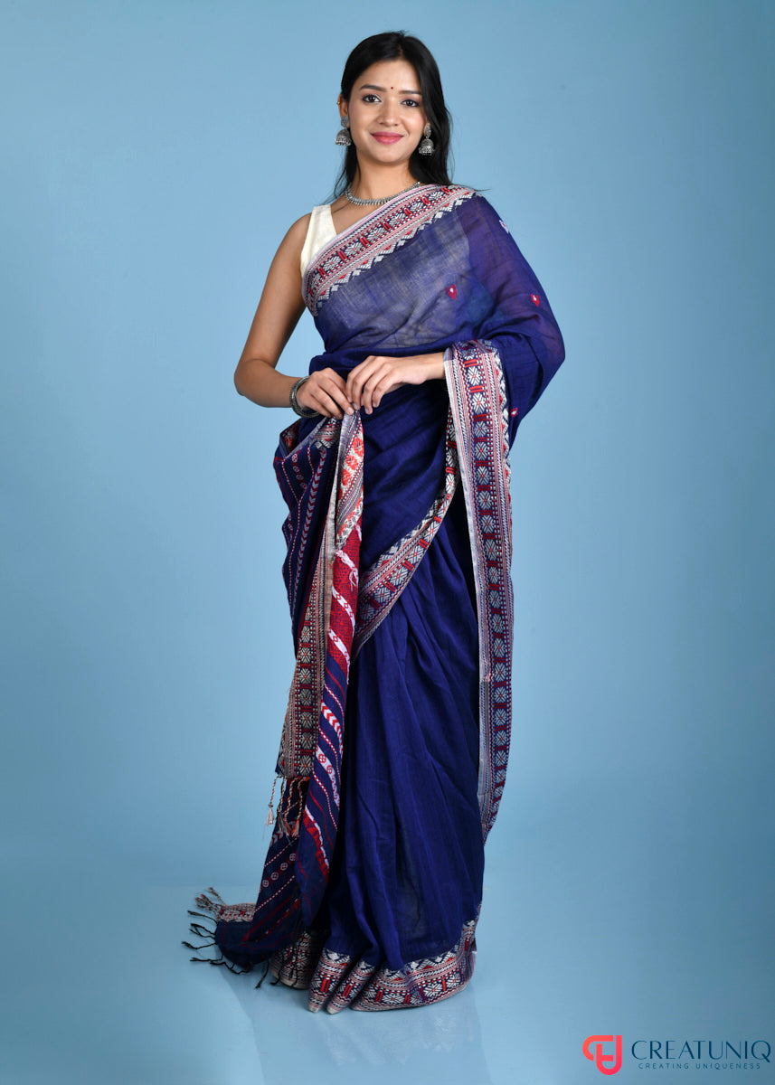 Traditional Assam Kadi Saree with Red Design Accents - Blue