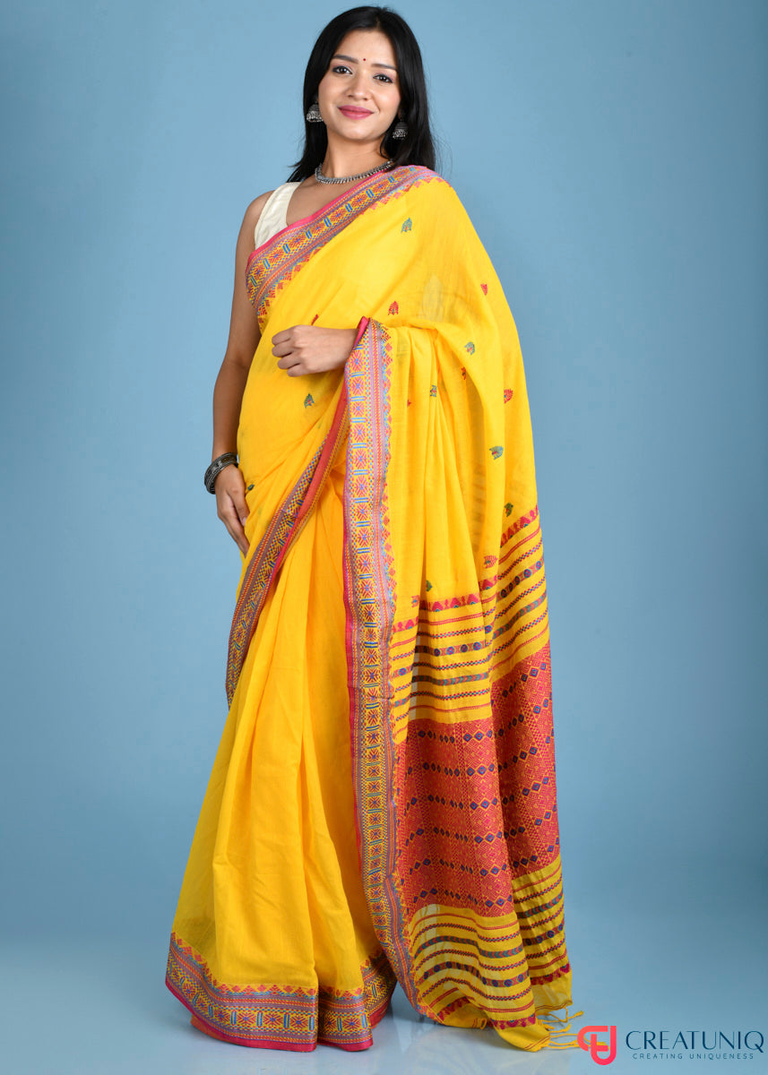 Traditional Assam Kadi Saree with Red Design Accents - Yellow
