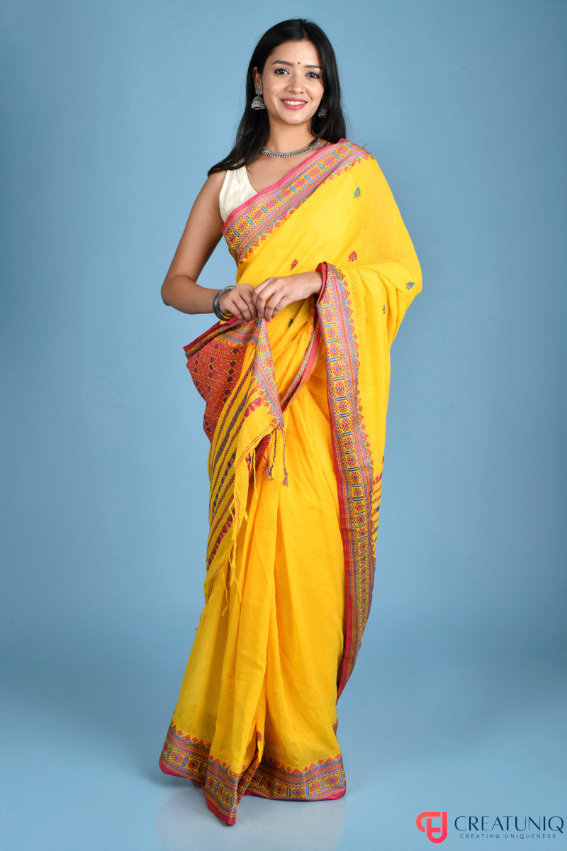 Traditional Assam Kadi Saree with Red Design Accents - Yellow