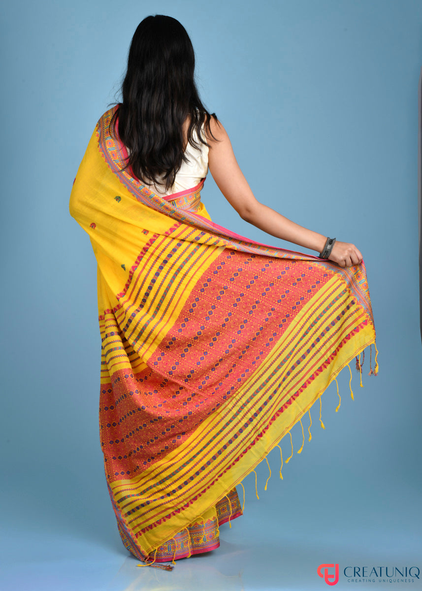 Traditional Assam Kadi Saree with Red Design Accents - Yellow