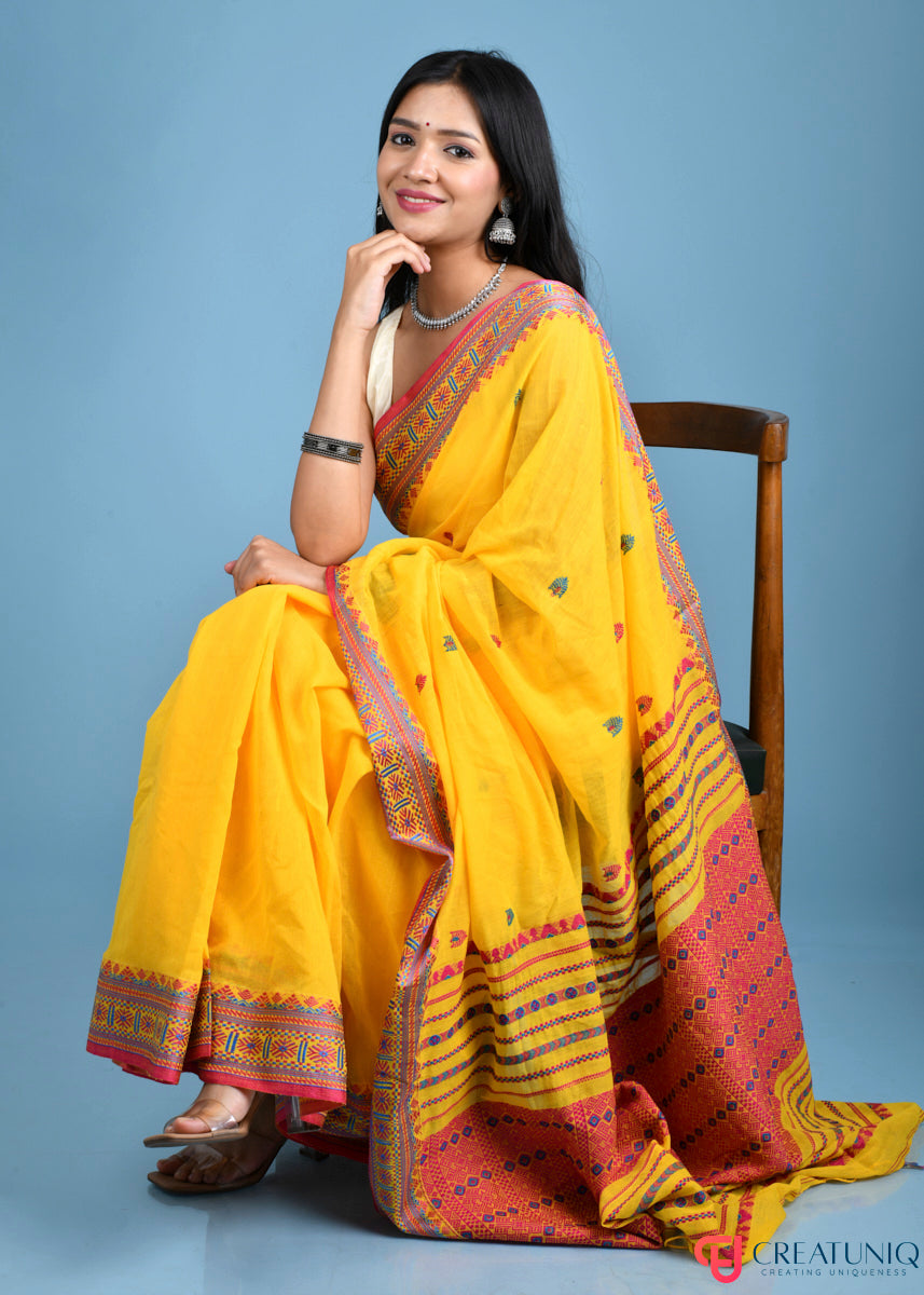 Traditional Assam Kadi Saree with Red Design Accents - Yellow