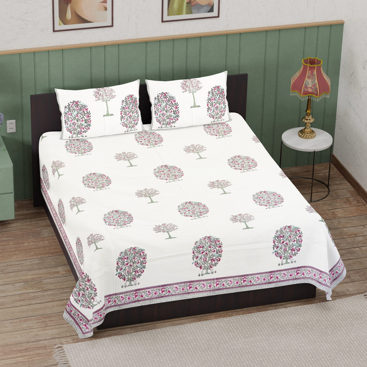 Vibrant Floral Tree Hand Block Printed Cotton Bedsheet