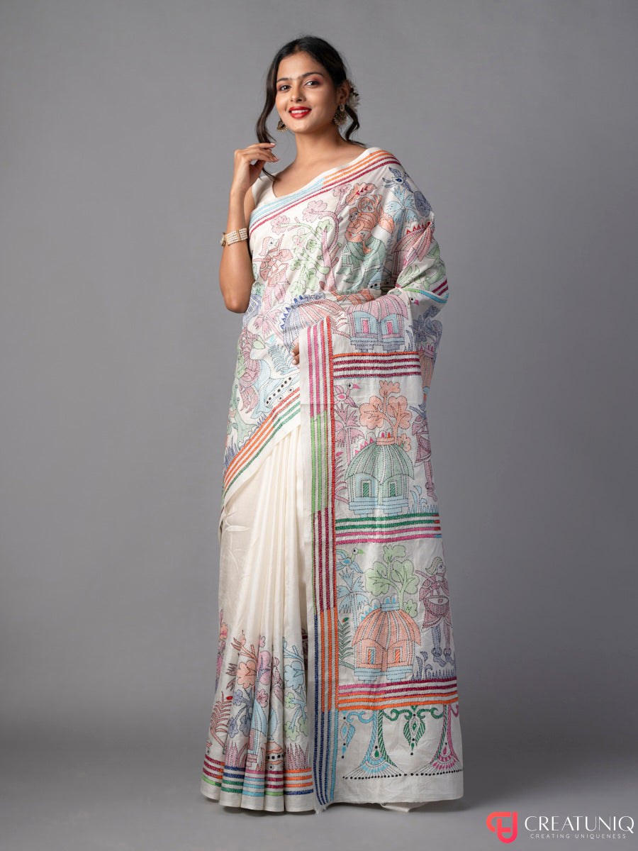 Village Theme Off White Kantha Embroidered Pure Silk Saree