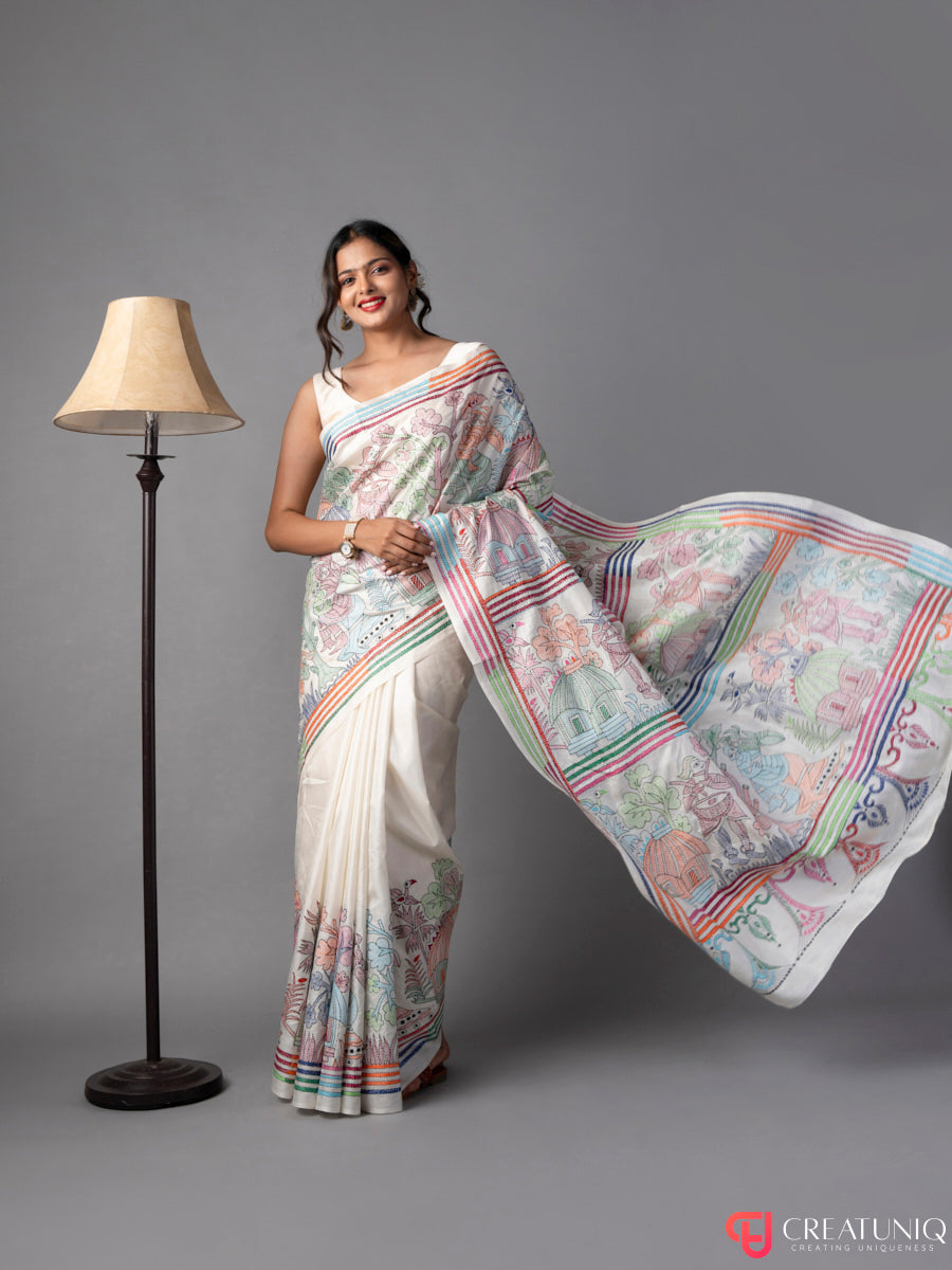 Village Theme Off White Kantha Embroidered Pure Silk Saree