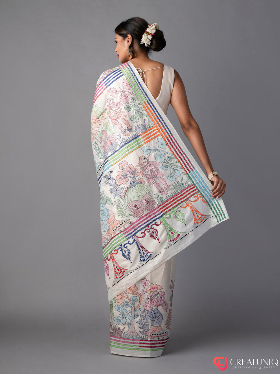 Village Theme Off White Kantha Embroidered Pure Silk Saree