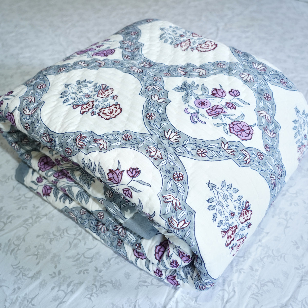 Violet Bloom Reversible Hand Block Printed Cotton Quilt