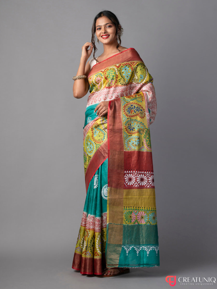 Vivid Petals Kantha Embroidered Silk Saree