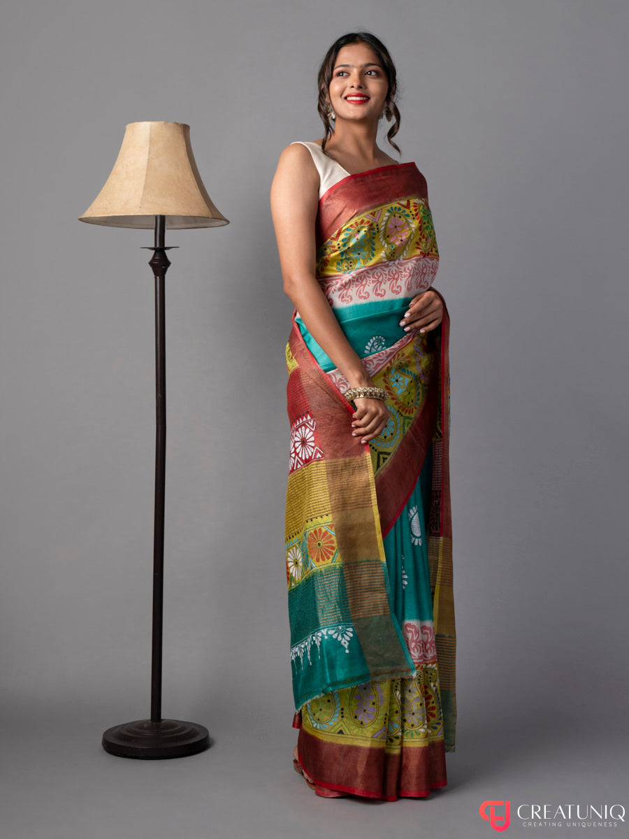 Vivid Petals Kantha Embroidered Silk Saree