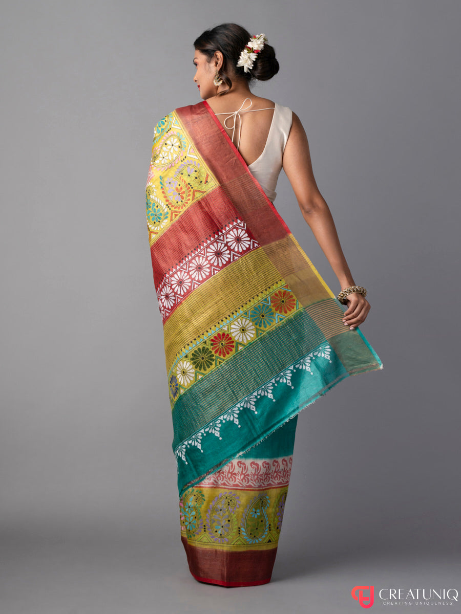 Vivid Petals Kantha Embroidered Silk Saree