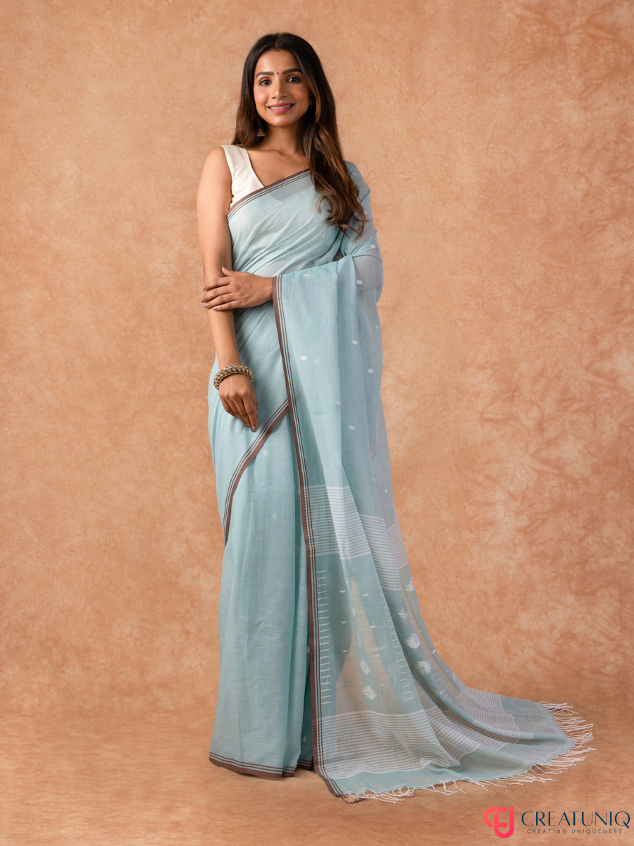 White Ball Buti Handloom Bengal Pure Cotton Saree – Sky Blue