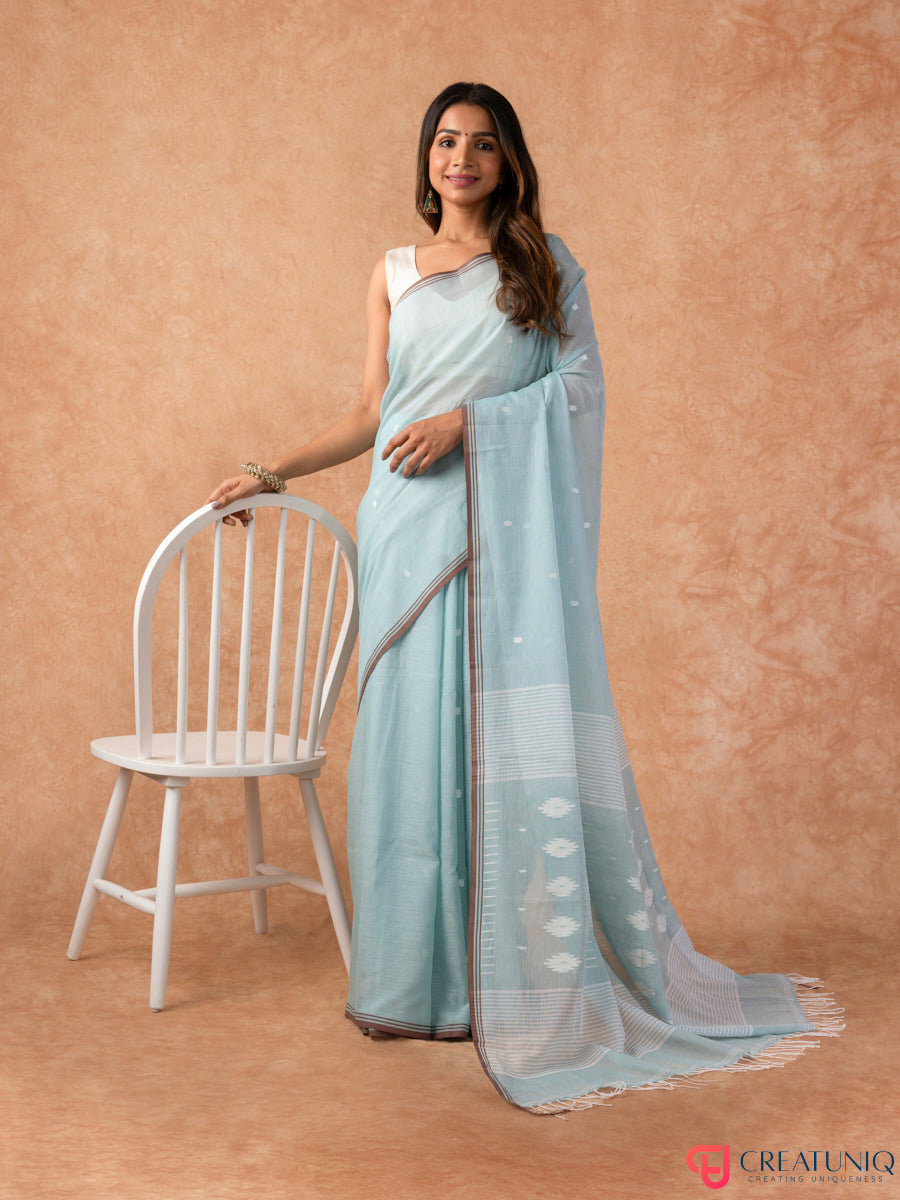 White Ball Buti Handloom Bengal Pure Cotton Saree – Sky Blue
