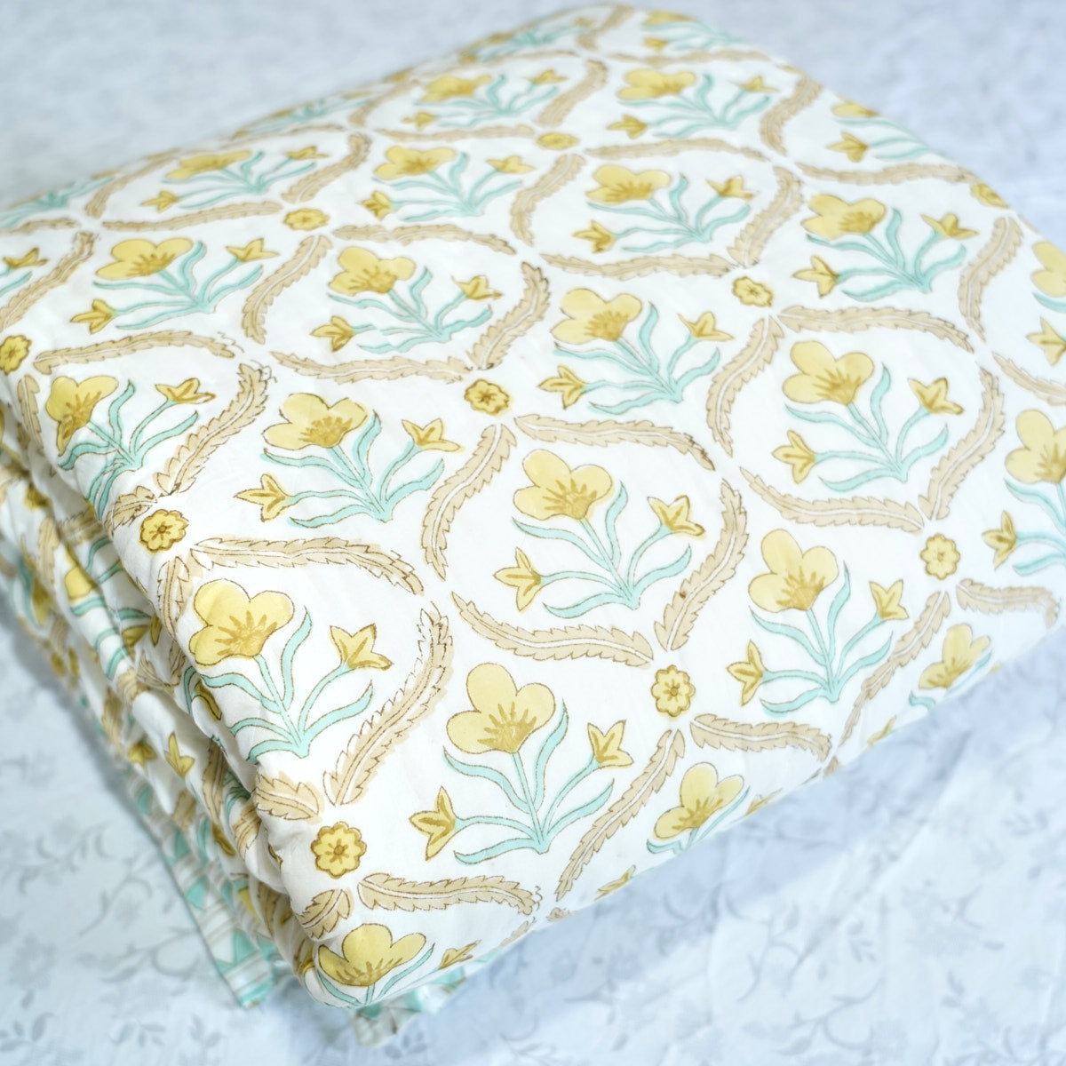 Yellow Bloom Trellis Reversible Hand Block Printed Cotton Quilt