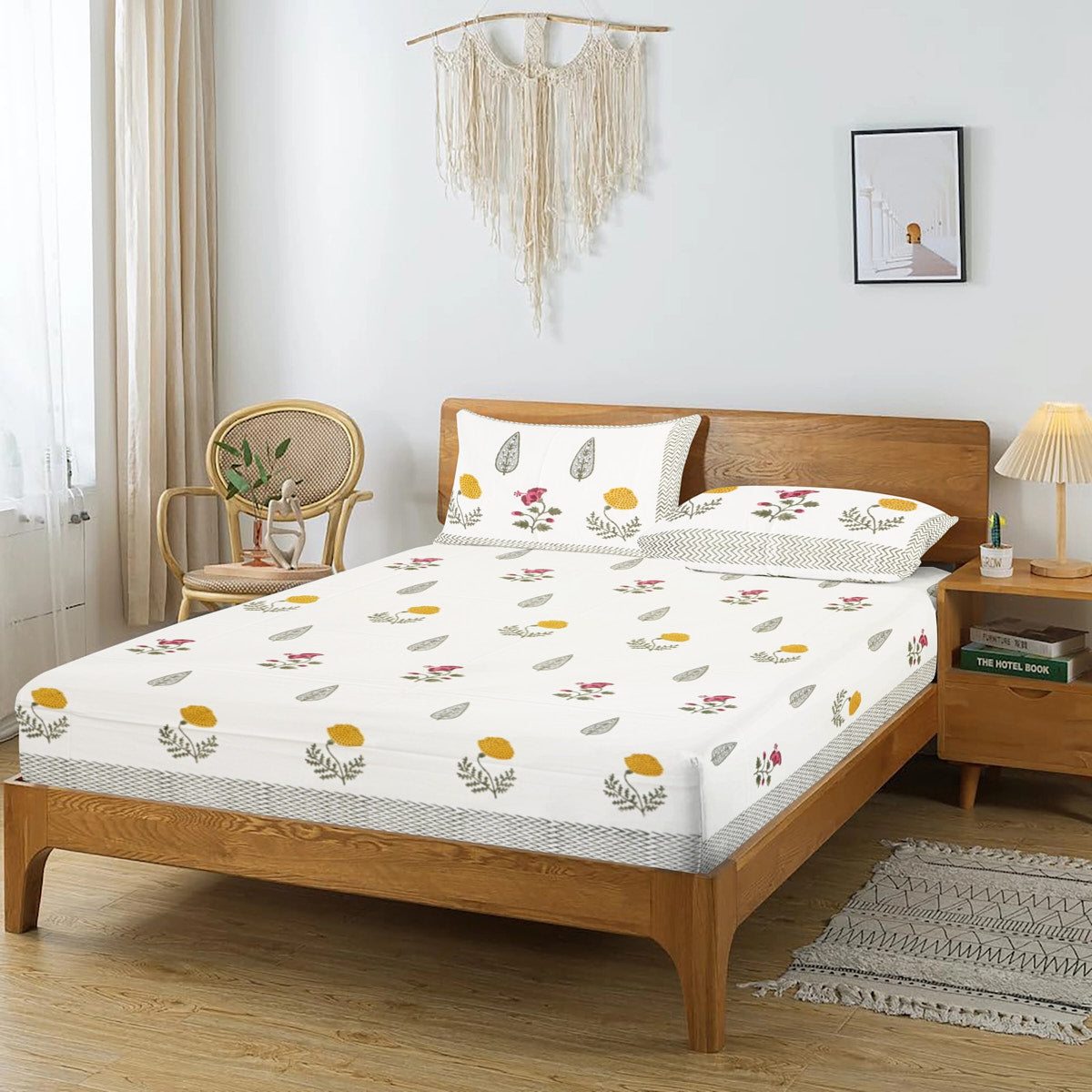 Yellow Blossom with Leaf Hand Block Printed Cotton Bedsheet