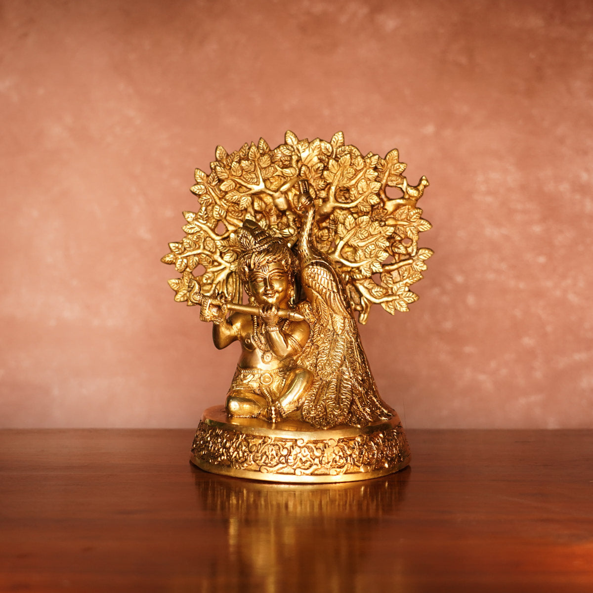 Bal Krishna with Peacock Brass Idol, 8" with Antique Polish