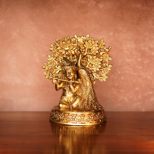 Bal Krishna with Peacock Brass Idol, 8" with Antique Polish