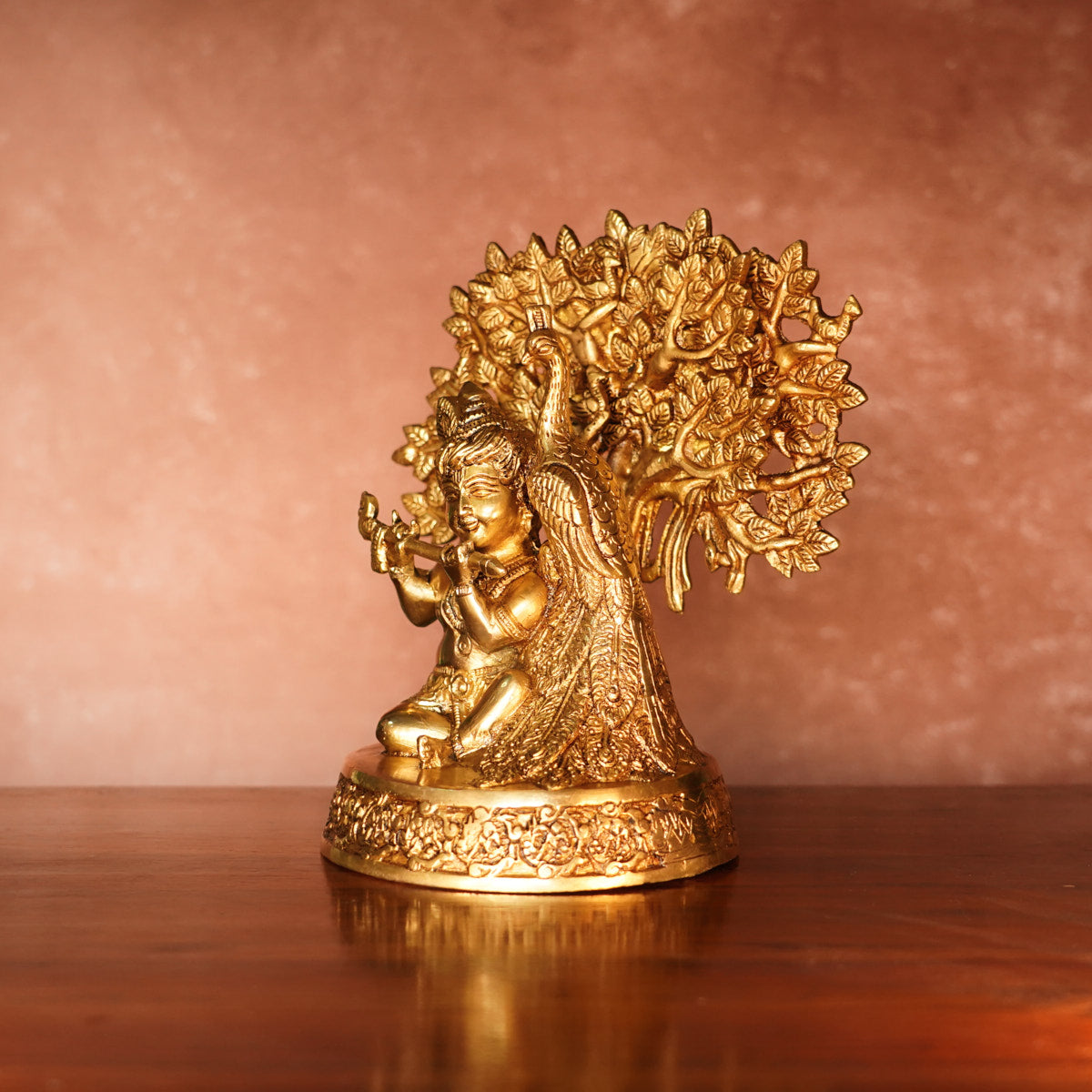 Bal Krishna with Peacock Brass Idol, 8" with Antique Polish