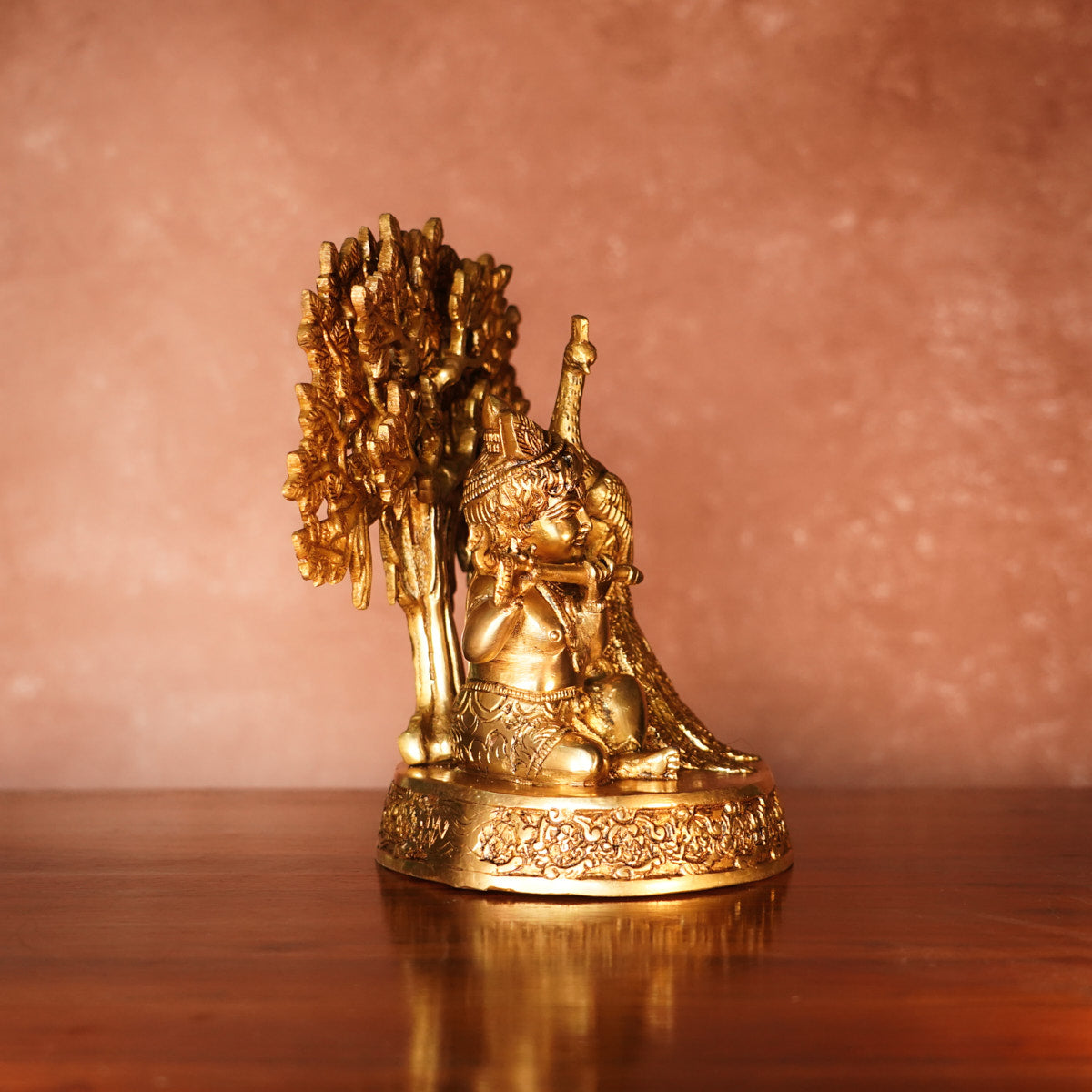 Bal Krishna with Peacock Brass Idol, 8" with Antique Polish