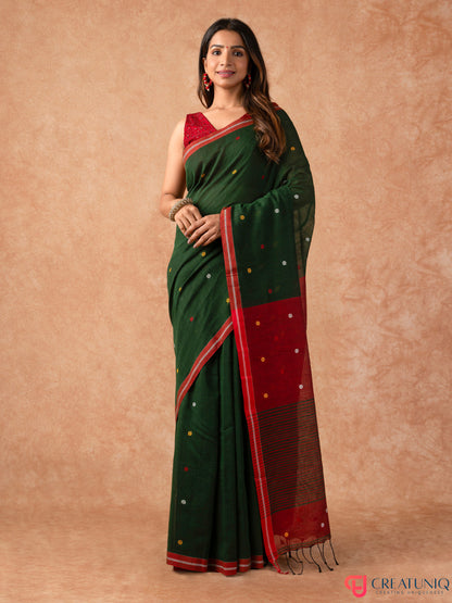 Ball Buti Bengal Handloom Pure Cotton Saree – Green & Red