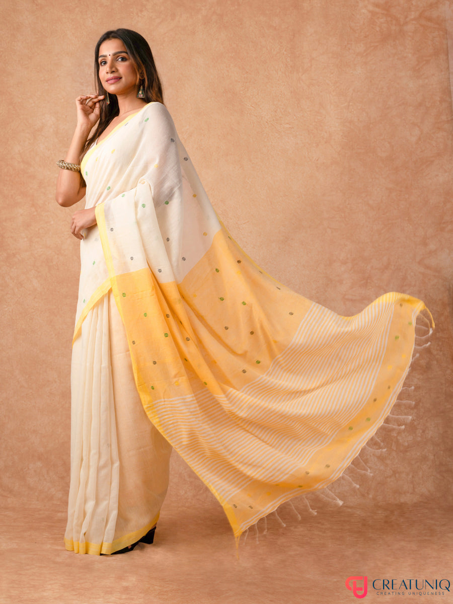 Ball Buti Bengal Handloom Pure Cotton Saree – Off White & Yellow