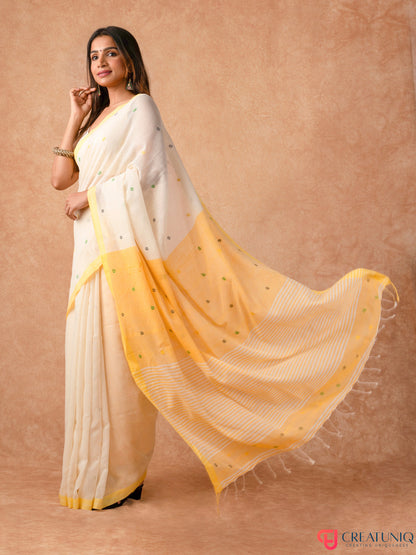 Ball Buti Bengal Handloom Pure Cotton Saree – Off White & Yellow