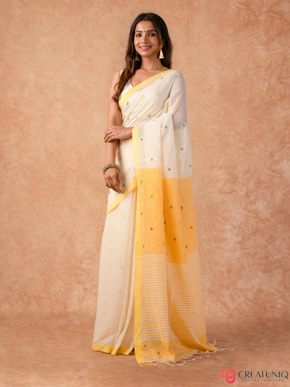 Ball Buti Bengal Handloom Pure Cotton Saree – Off White & Yellow