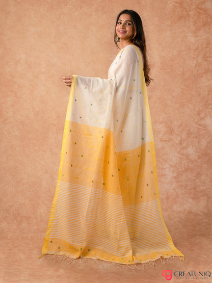 Ball Buti Bengal Handloom Pure Cotton Saree – Off White & Yellow