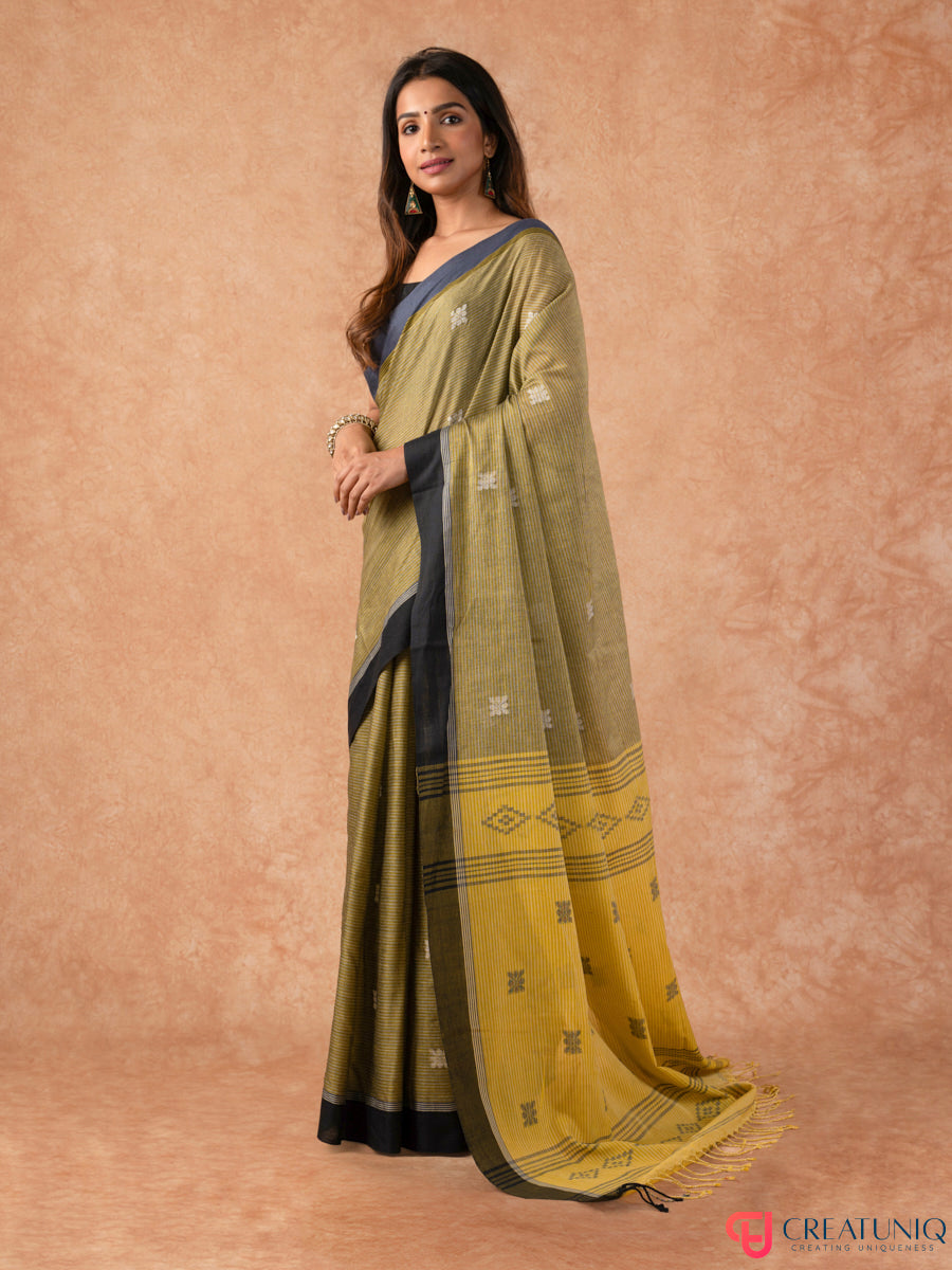 Bengal Handloom Pure Cotton Saree with Subtle Stripes – Green and Yellow