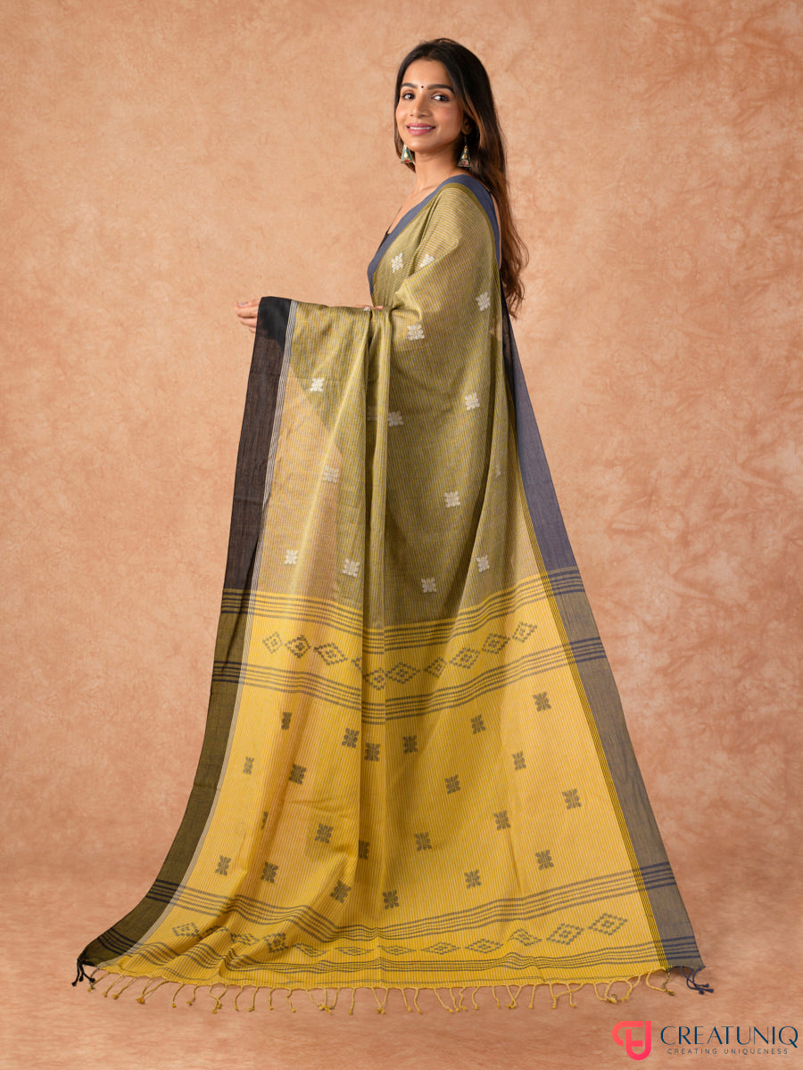 Bengal Handloom Pure Cotton Saree with Subtle Stripes – Green and Yellow