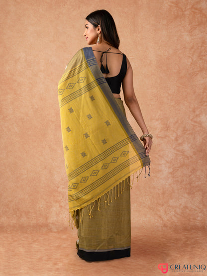 Bengal Handloom Pure Cotton Saree with Subtle Stripes – Green and Yellow