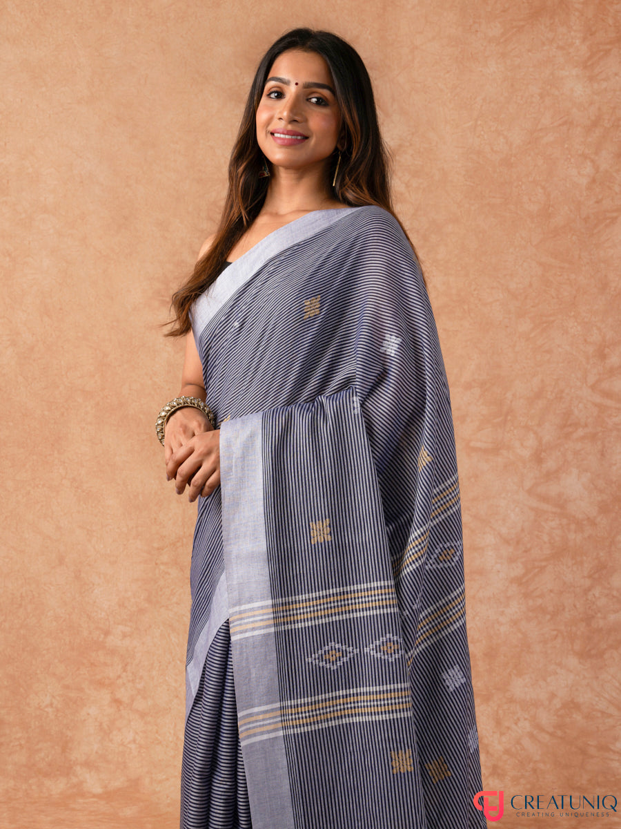 Bengal Handloom Pure Cotton Saree with Subtle Stripes – Shades of Grey