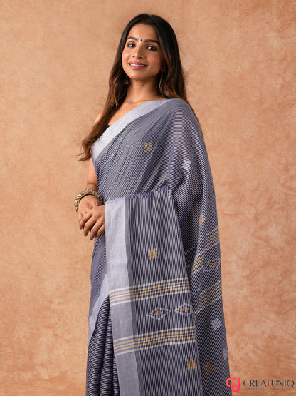 Bengal Handloom Pure Cotton Saree with Subtle Stripes – Shades of Grey