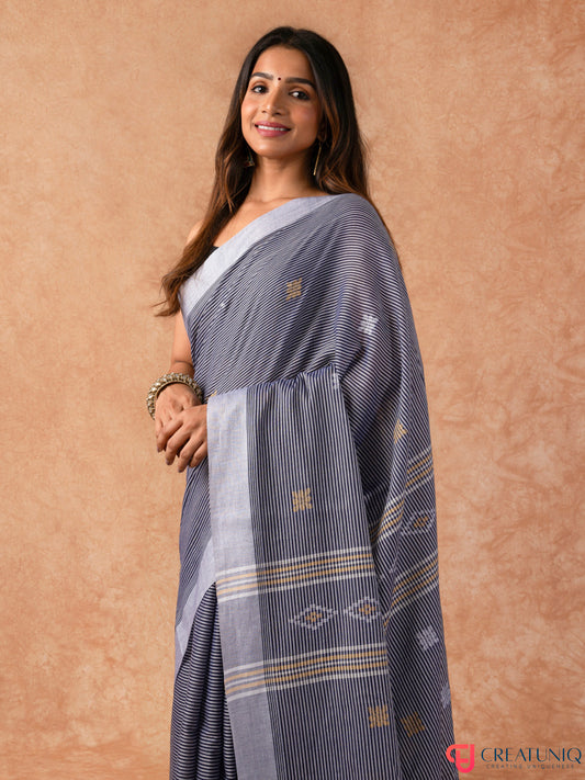 Bengal Handloom Pure Cotton Saree with Subtle Stripes – Shades of Grey