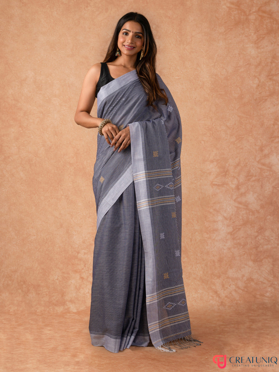 Bengal Handloom Pure Cotton Saree with Subtle Stripes – Shades of Grey