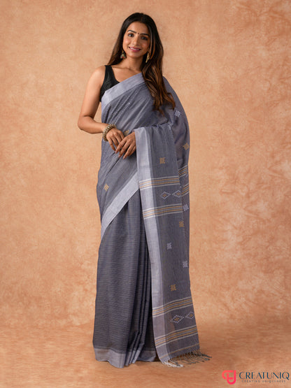 Bengal Handloom Pure Cotton Saree with Subtle Stripes – Shades of Grey