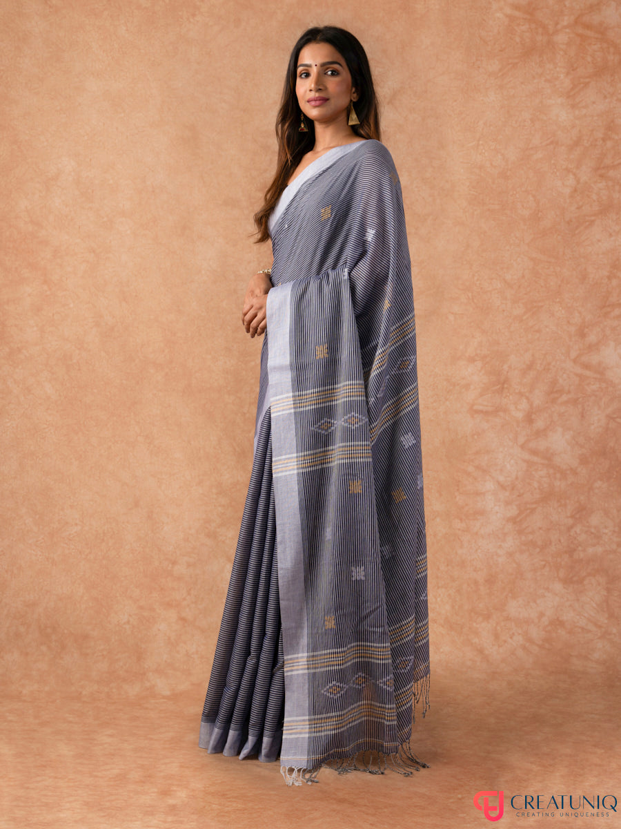 Bengal Handloom Pure Cotton Saree with Subtle Stripes – Shades of Grey