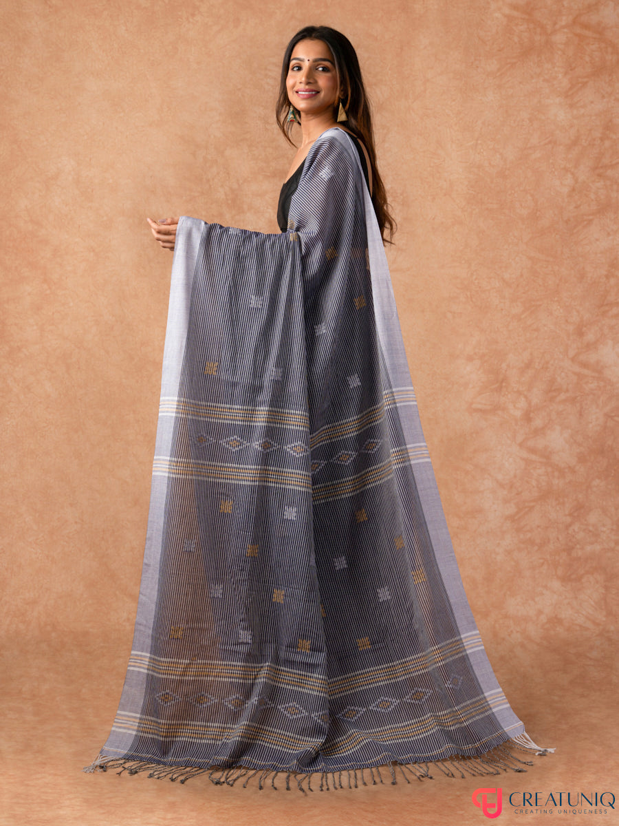 Bengal Handloom Pure Cotton Saree with Subtle Stripes – Shades of Grey