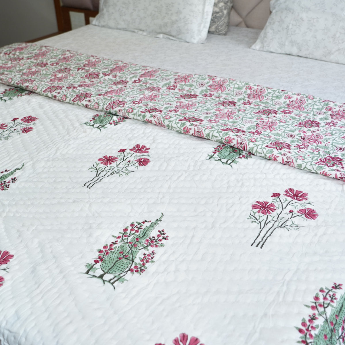Blooming Radiance Reversible Hand Block Printed Cotton Quilt