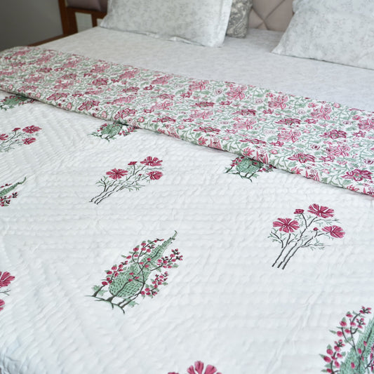 Blooming Radiance Reversible Hand Block Printed Cotton Quilt
