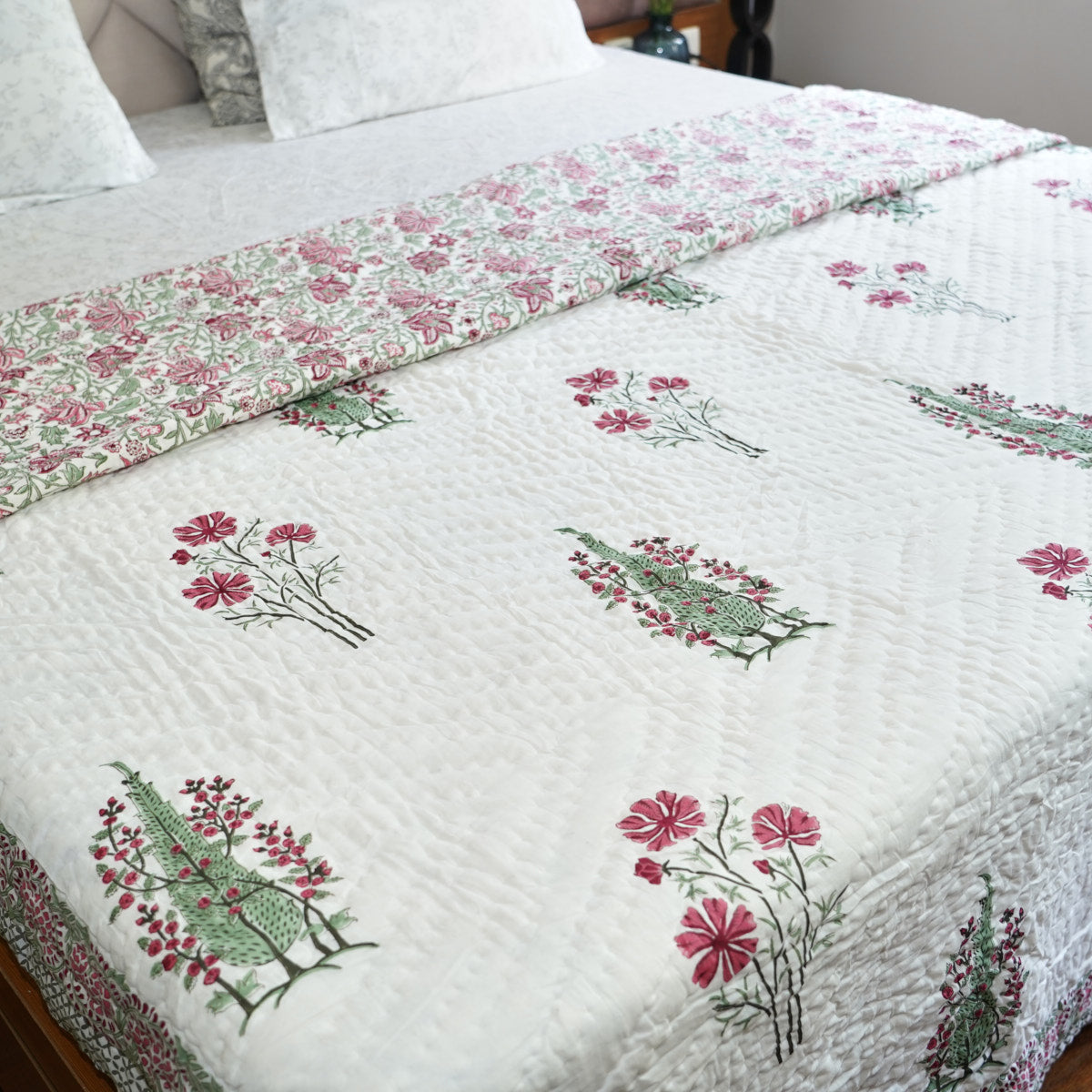 Blooming Radiance Reversible Hand Block Printed Cotton Quilt