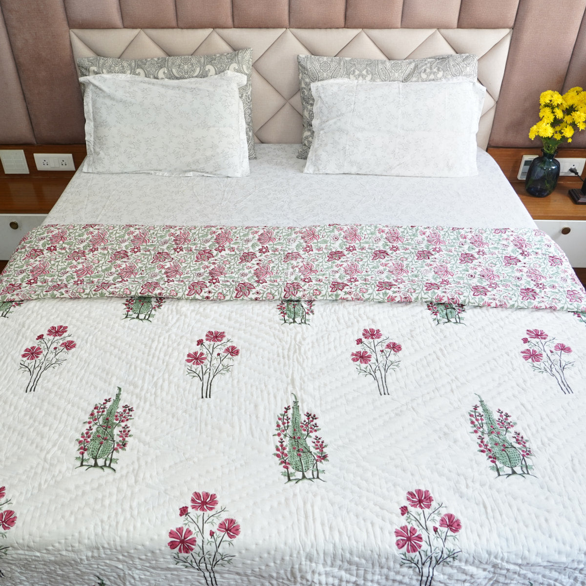 Blooming Radiance Reversible Hand Block Printed Cotton Quilt