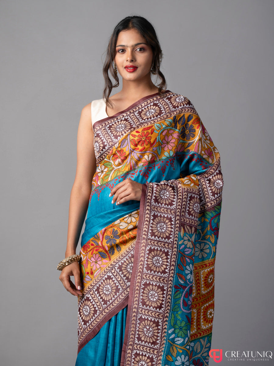 Blue-Yellow Floral Kantha Embroidered Silk Saree