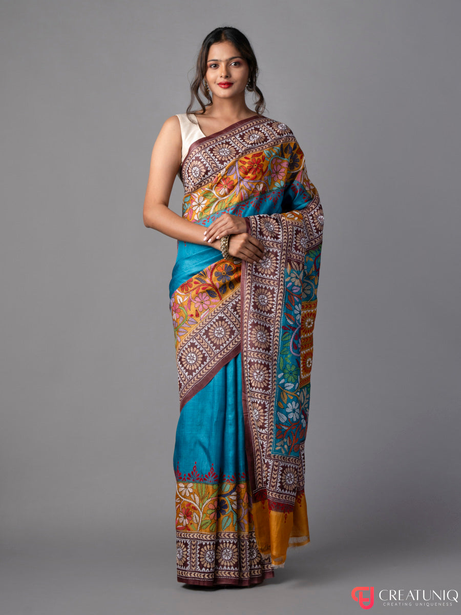 Blue-Yellow Floral Kantha Embroidered Silk Saree