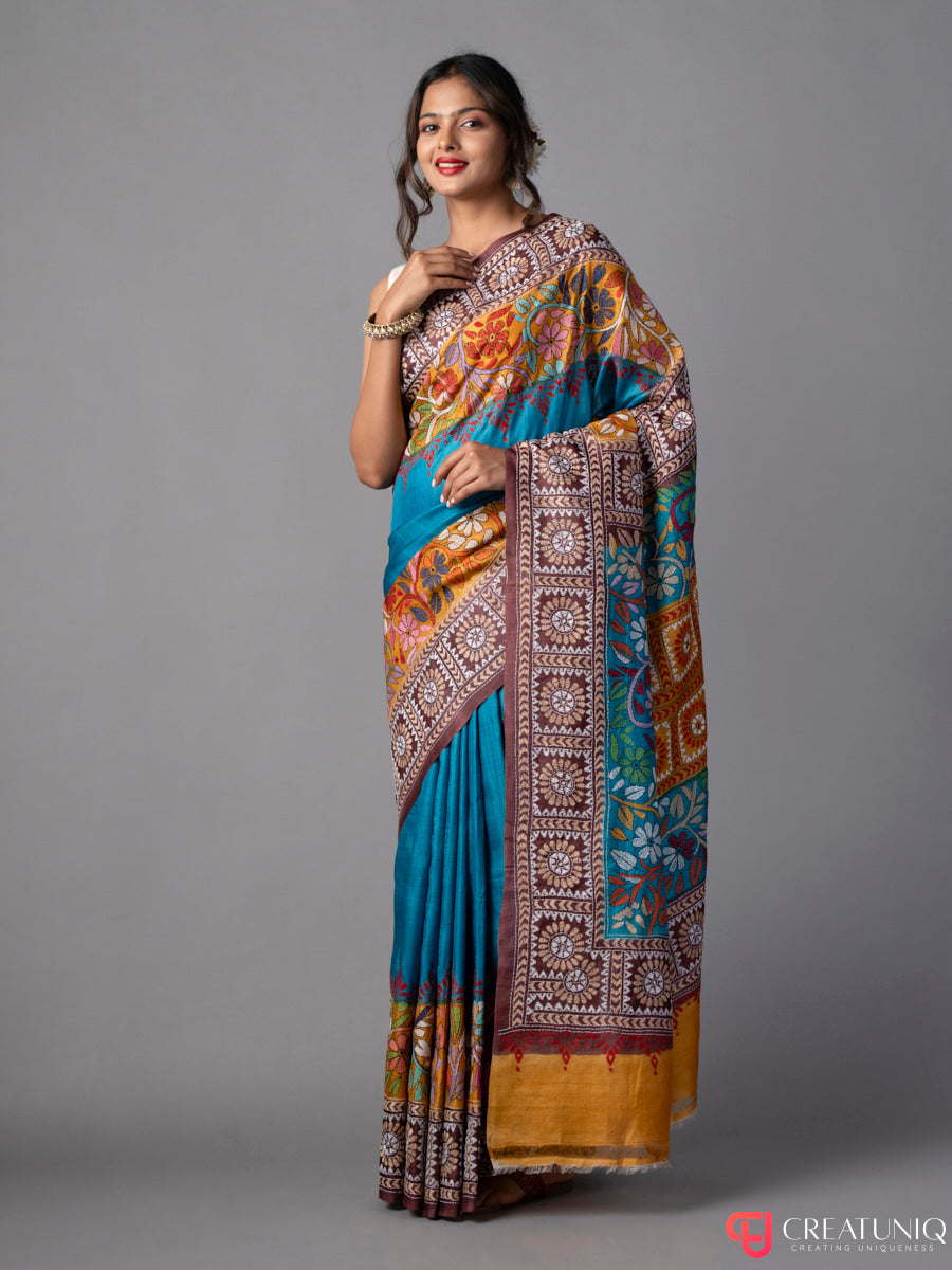 Blue-Yellow Floral Kantha Embroidered Silk Saree