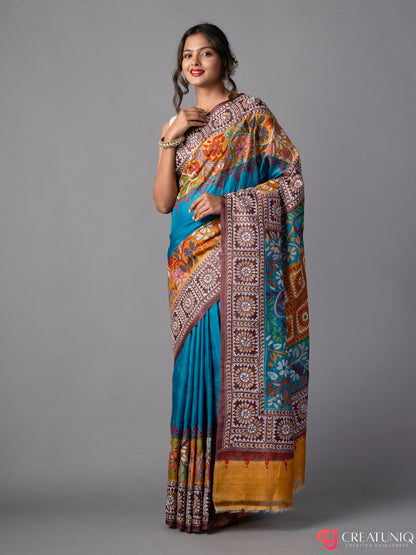 Blue-Yellow Floral Kantha Embroidered Silk Saree